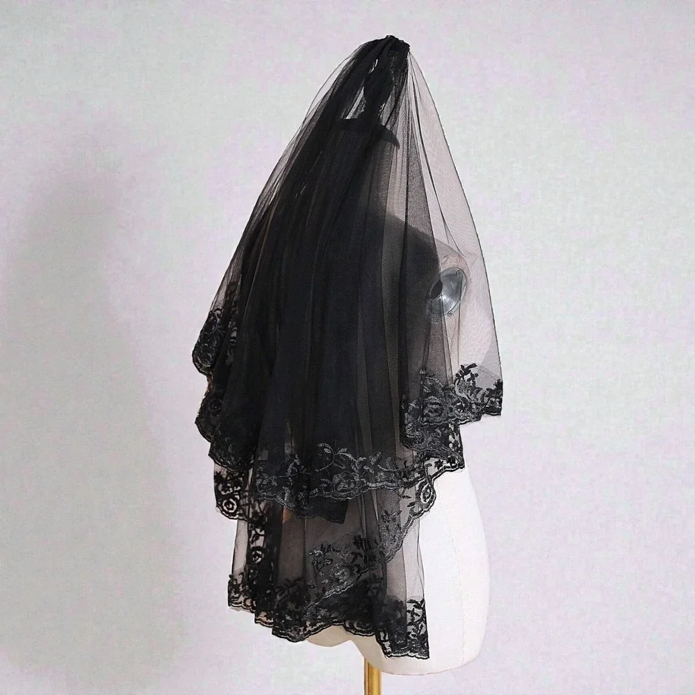 New Black Lace 2-tiered Veil 30 inch Wedding Goth Victorian Bridal Bride